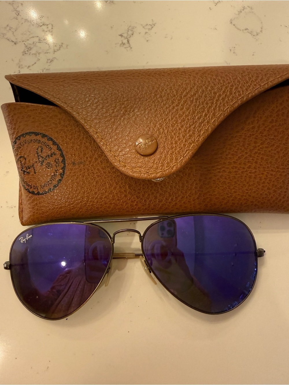 Ray-Ban Aviator Sunglasses with Purple Mirrored Lenses and Brown Case